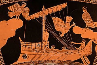 Ulysse attaché au mât du navire et les Sirènes, détail d’un stamnos grec (Ve siècle avant J.-C) conservé au British Museum à Londres.